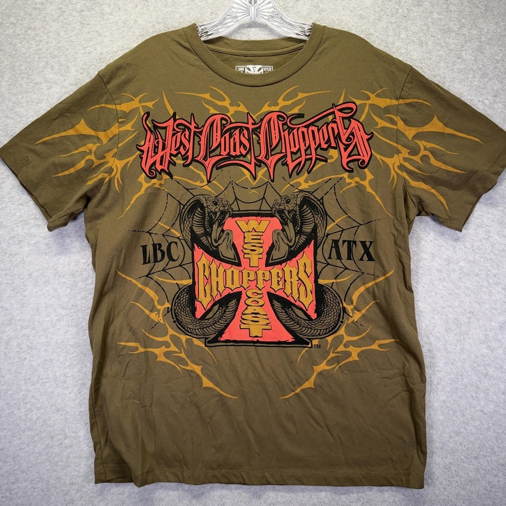 West Coast Choppers Shirt Mens XL Green Cross Flames Snake Biker Graphic Tee